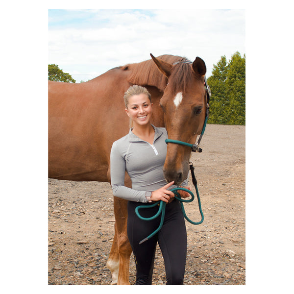 Cameo Anatomic leather headcollar in Green on a horse with matching leadrope