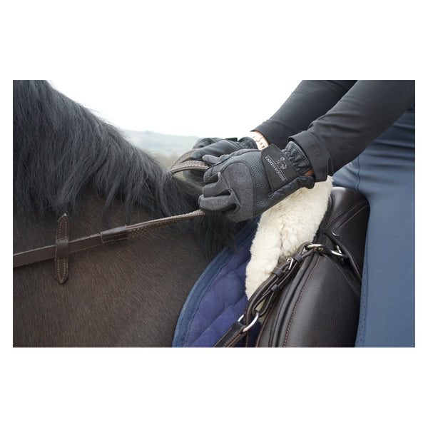 Close up of rider wearing Cameo Competition Riding Gloves