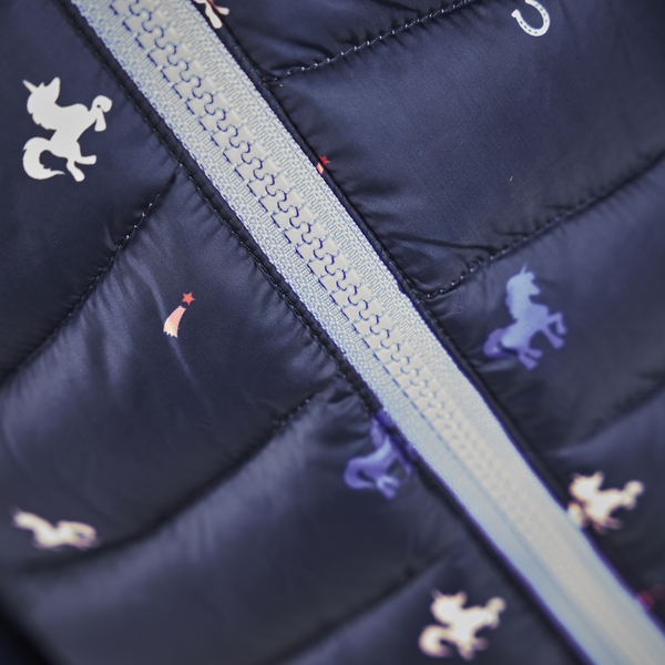 Close up of zip on Tikaboo Padded Coat in Unicorn