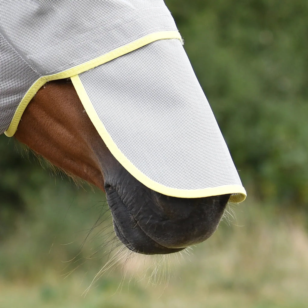 Horse wearing Equilibrium Field Relief Detachable Nose Piece in Grey and Yellow