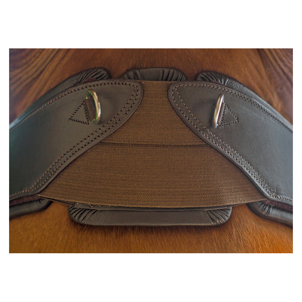 Close up of central section on a horse. EcoRider Freedom Anatomic Girth in brown.