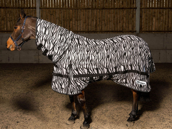 Horse wearing Whitaker Marwell Fly Rug Zebra Print