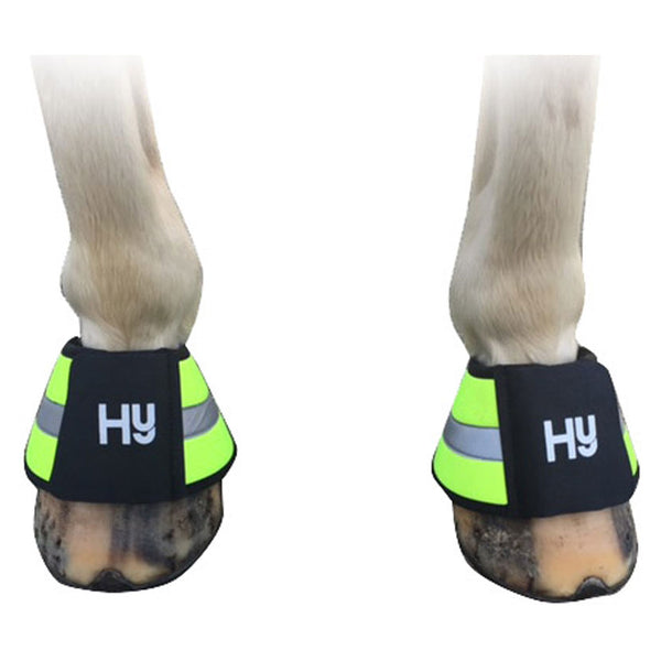 Horse wearing Reflector Over Reach Boots by Hy Equestrian in yellow
