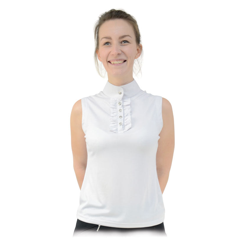 Front view of  Hy Equestrian Katherine Ruffle Sleeveless Show Shirt