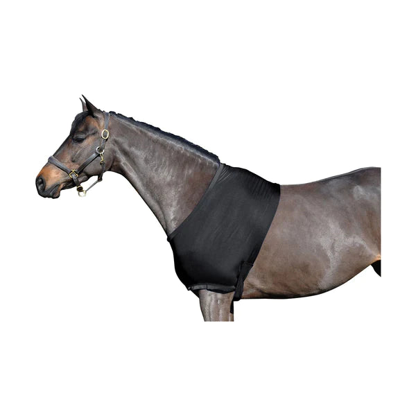 Horse wearing Supreme Products Lycra vest in black.