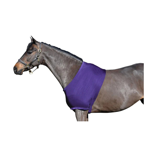 Horse wearing Supreme Products Lycra vest in purple.