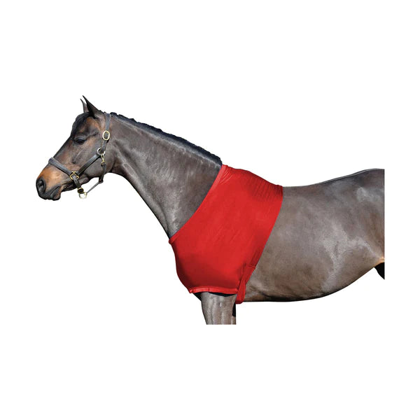Horse wearing Supreme Products Lycra vest in red.