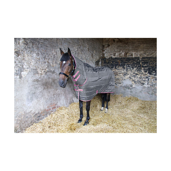 Horse wearing StormX Original 300 Combi Stable Rug in grey with pink binding