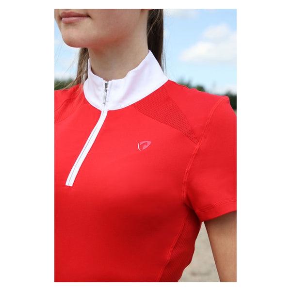 Close up of Hy Equestrian Scarlet Show Shirt in Red