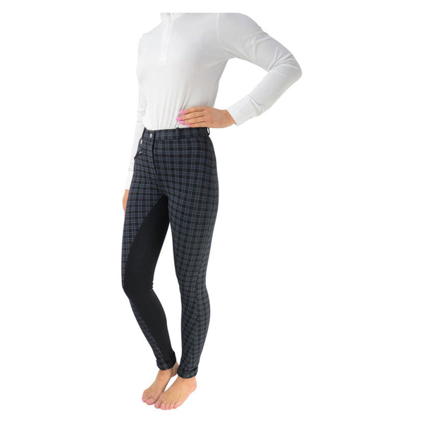 Front view of Hy Equestrian Harby Ladies Jodhpurs in Black check
