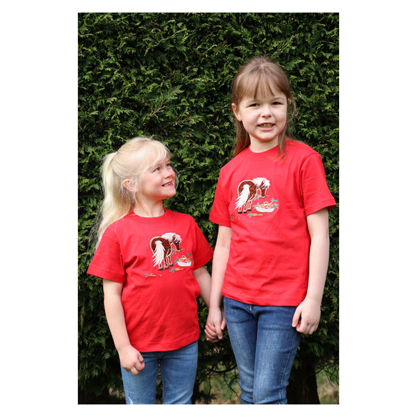Two children wearing the British Country Collection Carrot Pony Childrens T-Shirt