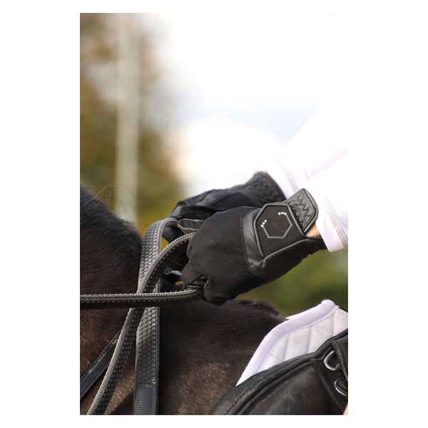 Rider wearing Coldstream Next Generation Blakelaw Diamante Riding Gloves in Black and Silver