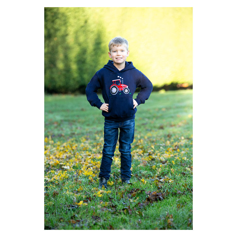 Child wearing British Country Collection Big Red Tractor Childrens Applique Hoodie