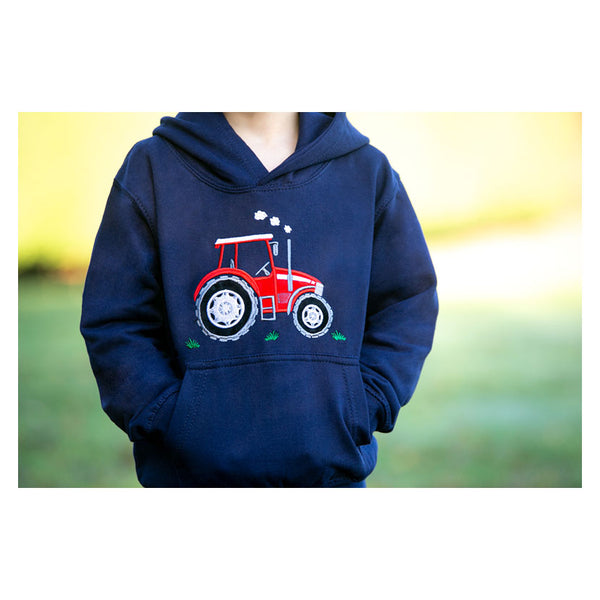 Close up of British Country Collection Big Red Tractor Childrens Applique Hoodie