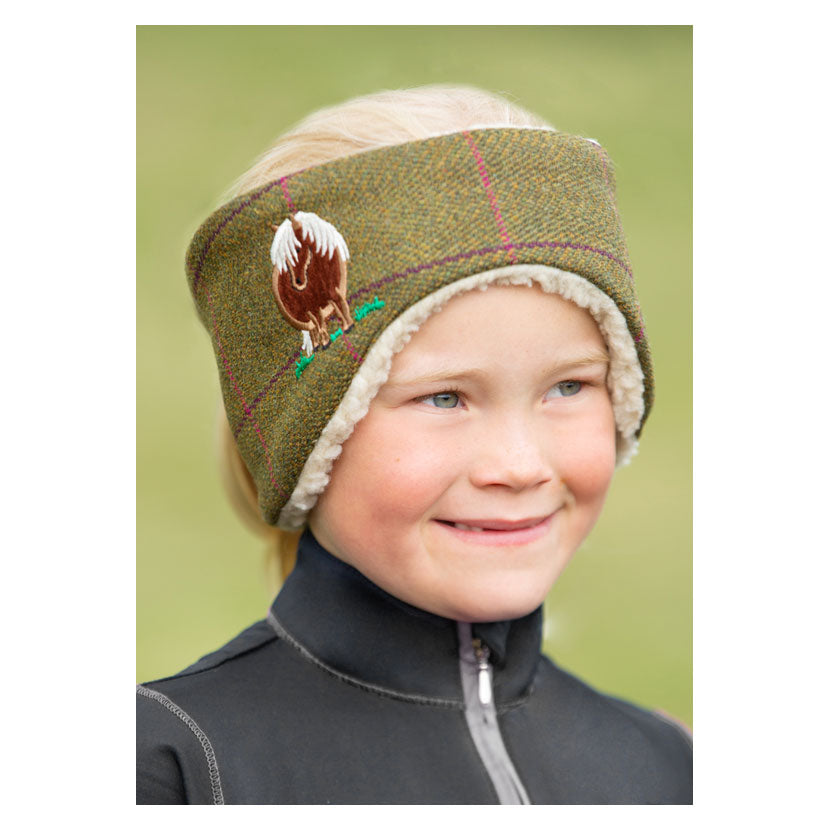 Child wearing British Country Collection Fat Pony Children's Tweed Headband
